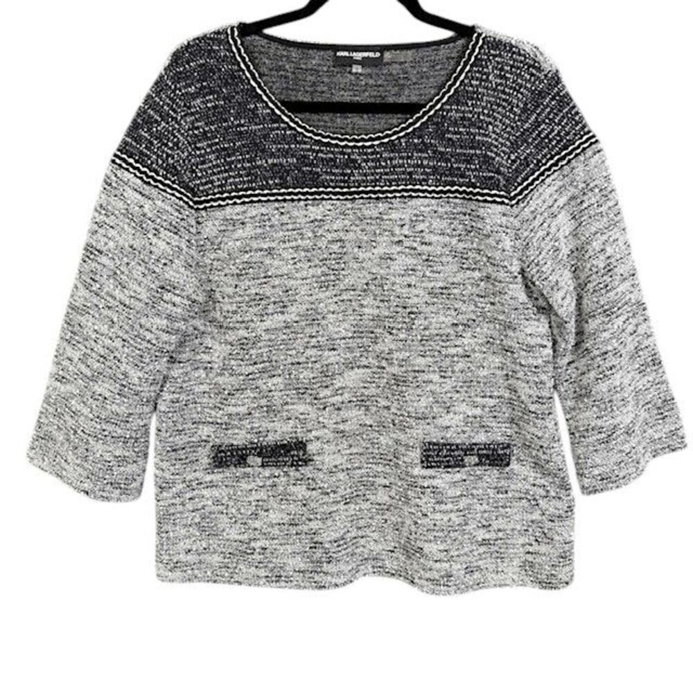 Karl Lagerfeld Tweed Knit Top Black and White Front Pocket Button Detail‎ Large